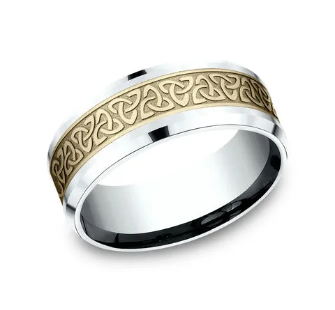 14K White and Yellow Gold Celtic Knot Pattern with Polished Drop Bevel Edges-8mm