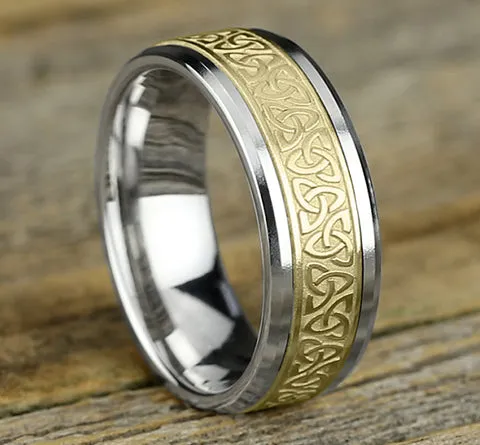 14K White and Yellow Gold Celtic Knot Pattern with Polished Drop Bevel Edges-8mm