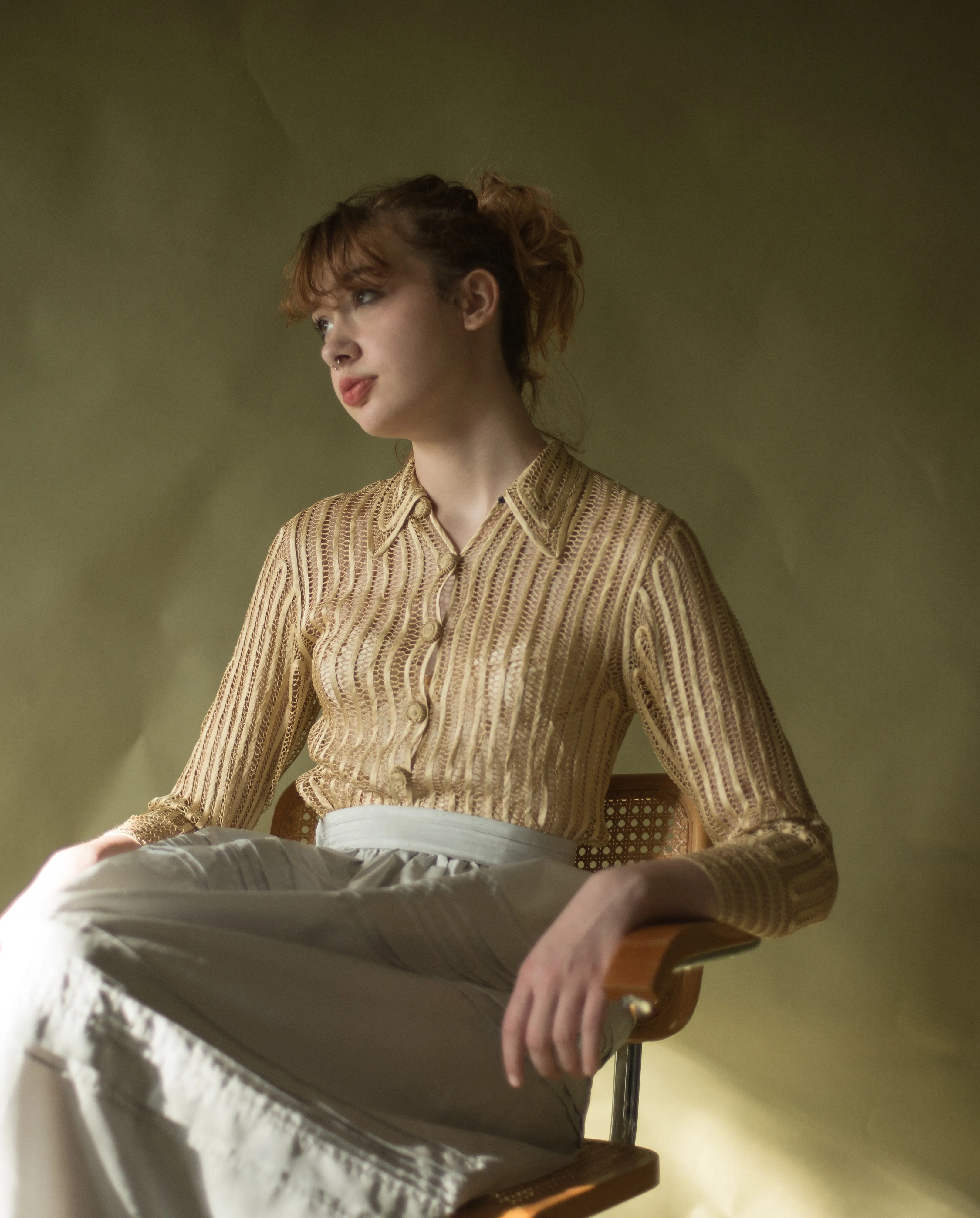 1940s gold silk hand stitched tape ribbon lace blouse, 32” bust