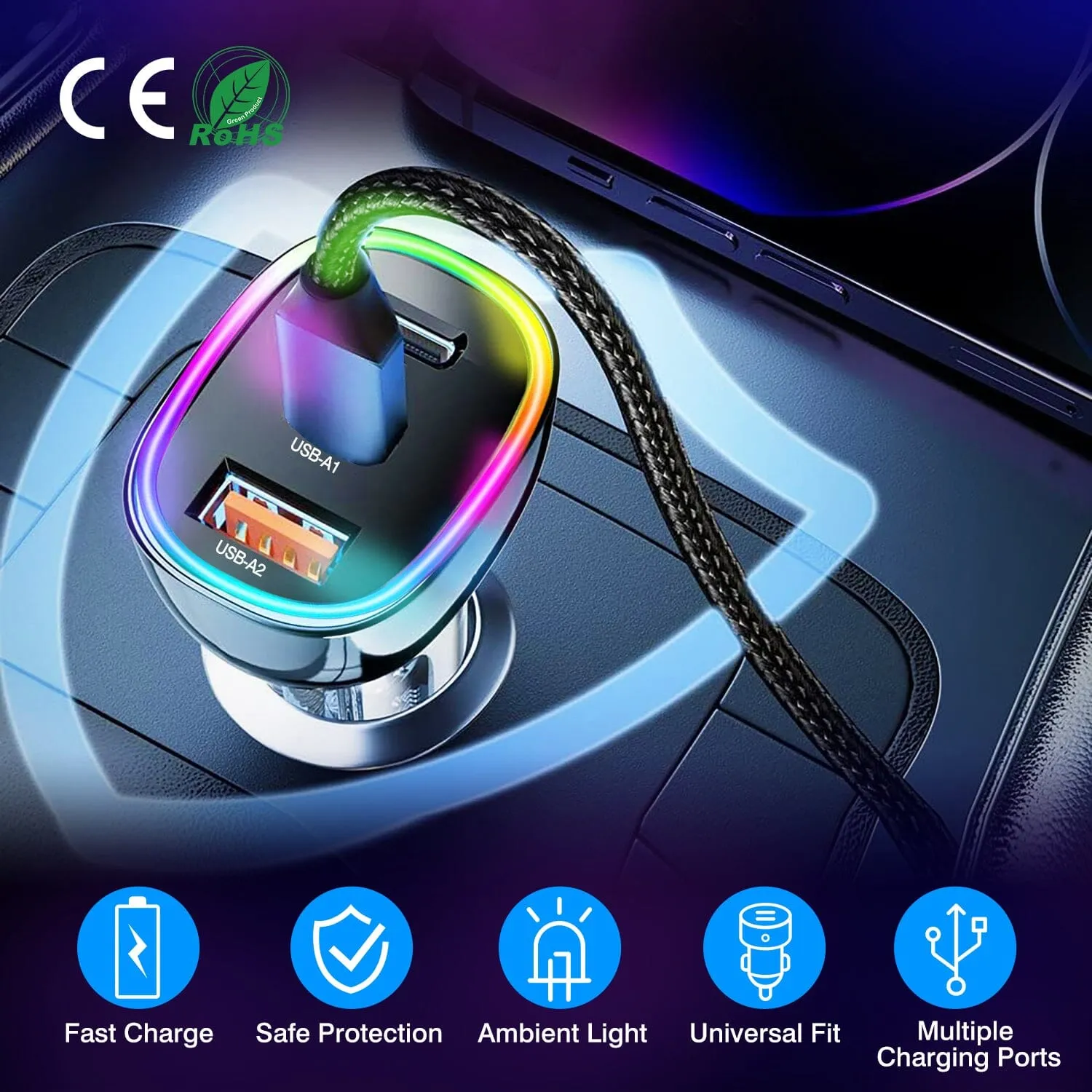 90W 3 Ports Fast Car Charger USB and Type C