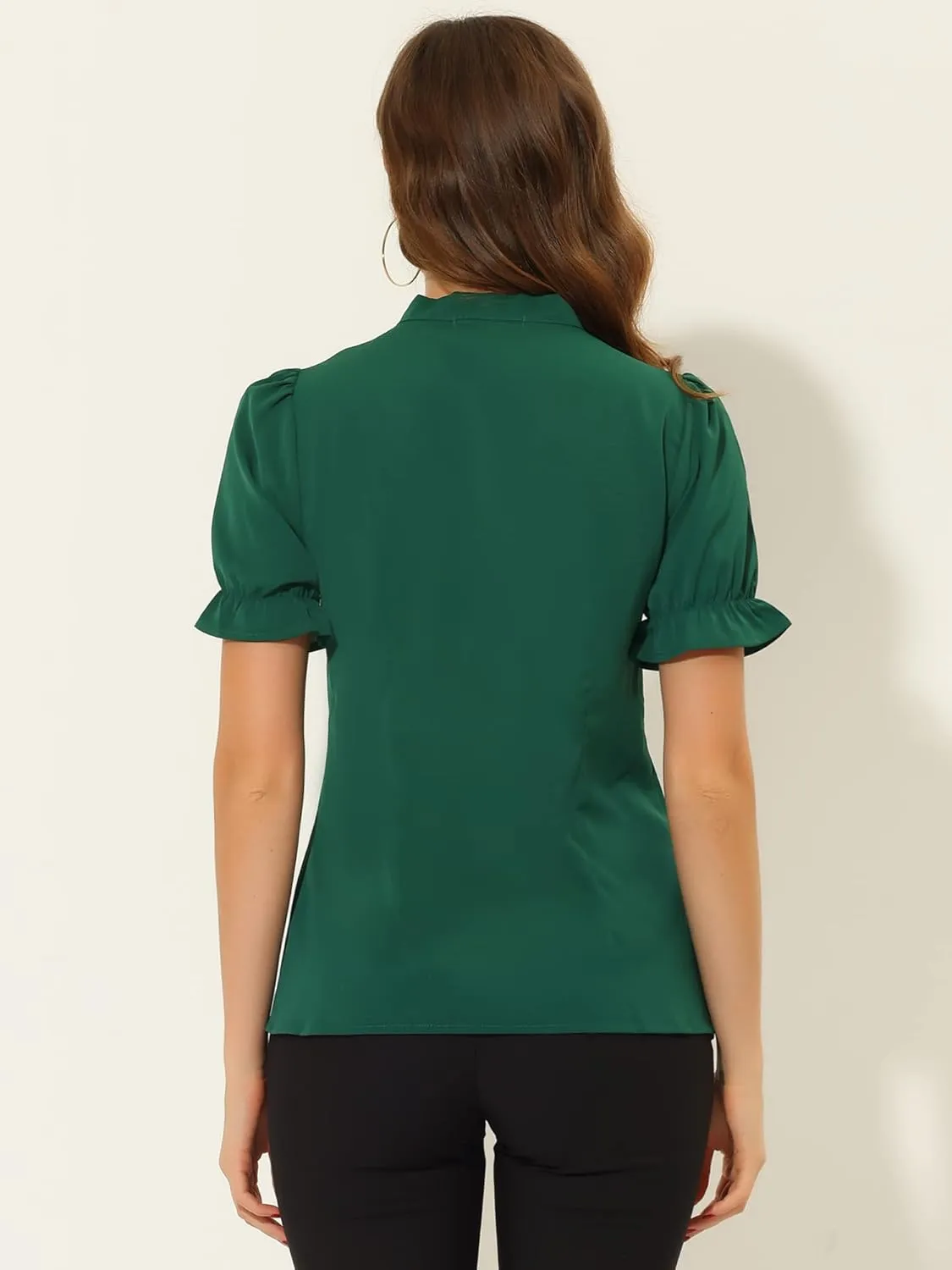 Allegra K Women's Bow Tie Neck Tops Elegant Office Short Sleeve Blouse