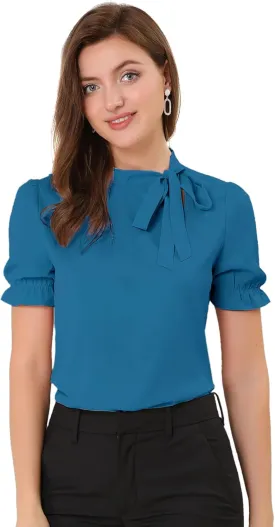 Allegra K Women's Bow Tie Neck Tops Elegant Office Short Sleeve Blouse