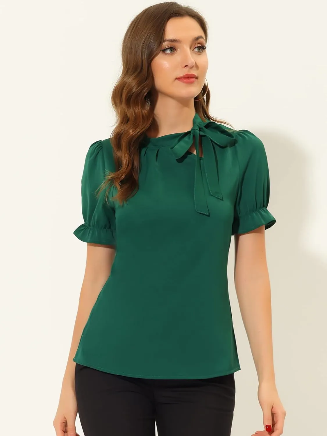 Allegra K Women's Bow Tie Neck Tops Elegant Office Short Sleeve Blouse