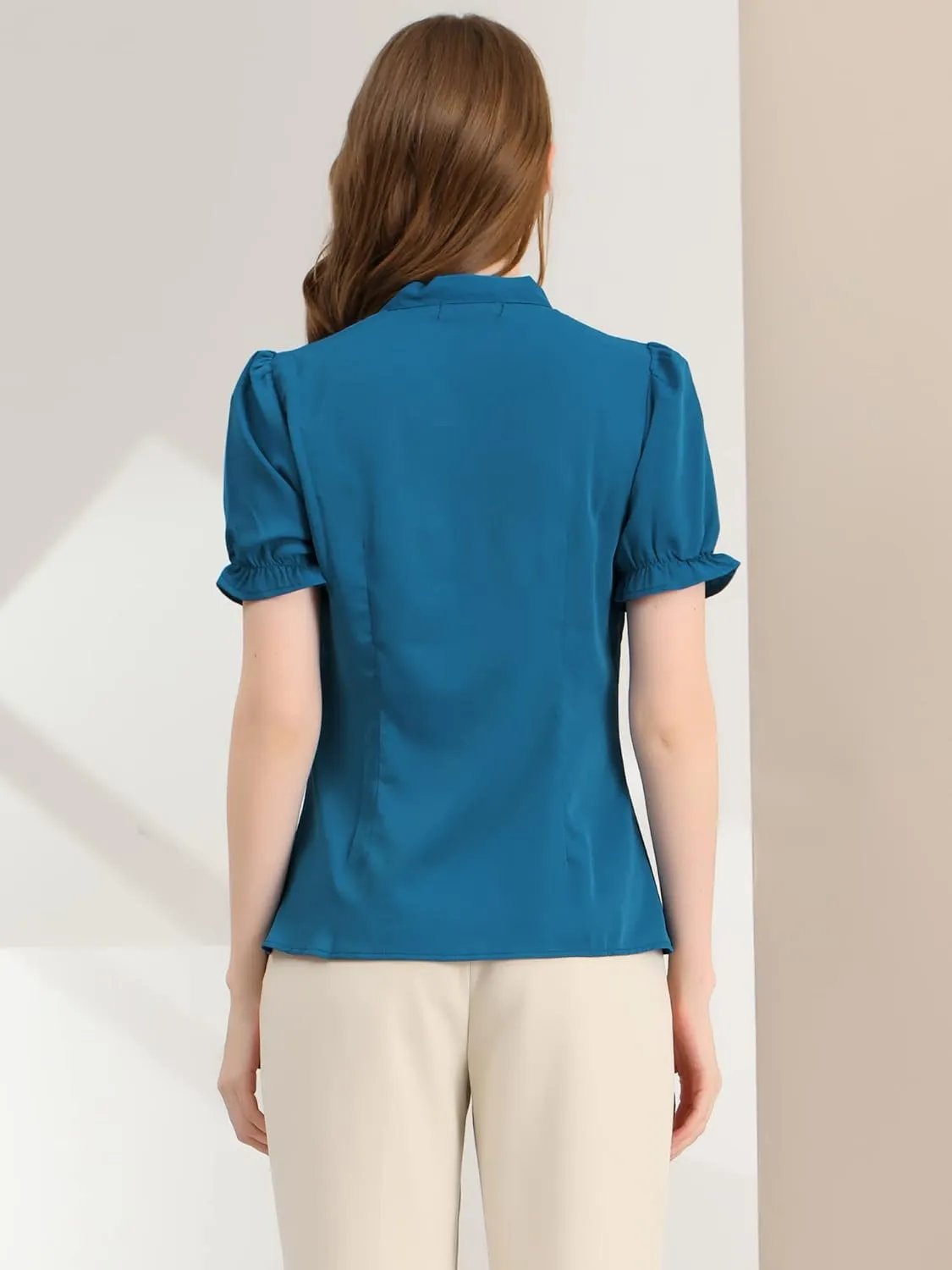 Allegra K Women's Bow Tie Neck Tops Elegant Office Short Sleeve Blouse