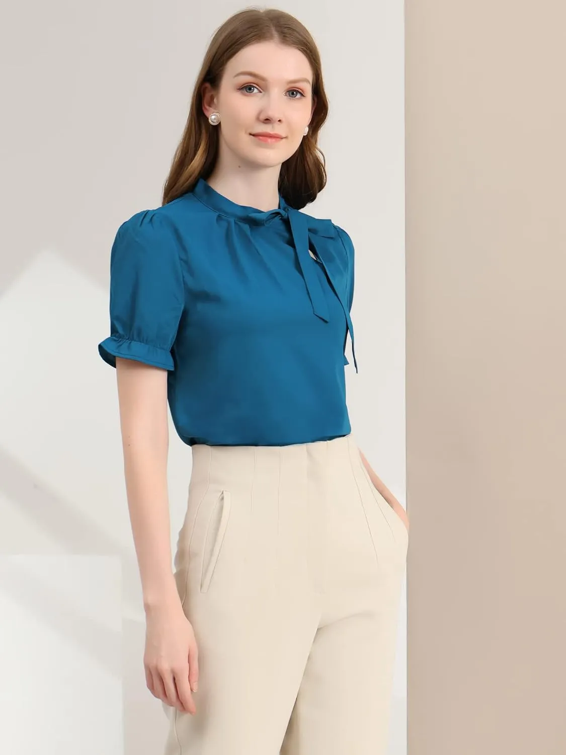 Allegra K Women's Bow Tie Neck Tops Elegant Office Short Sleeve Blouse