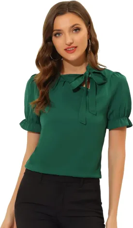 Allegra K Women's Bow Tie Neck Tops Elegant Office Short Sleeve Blouse