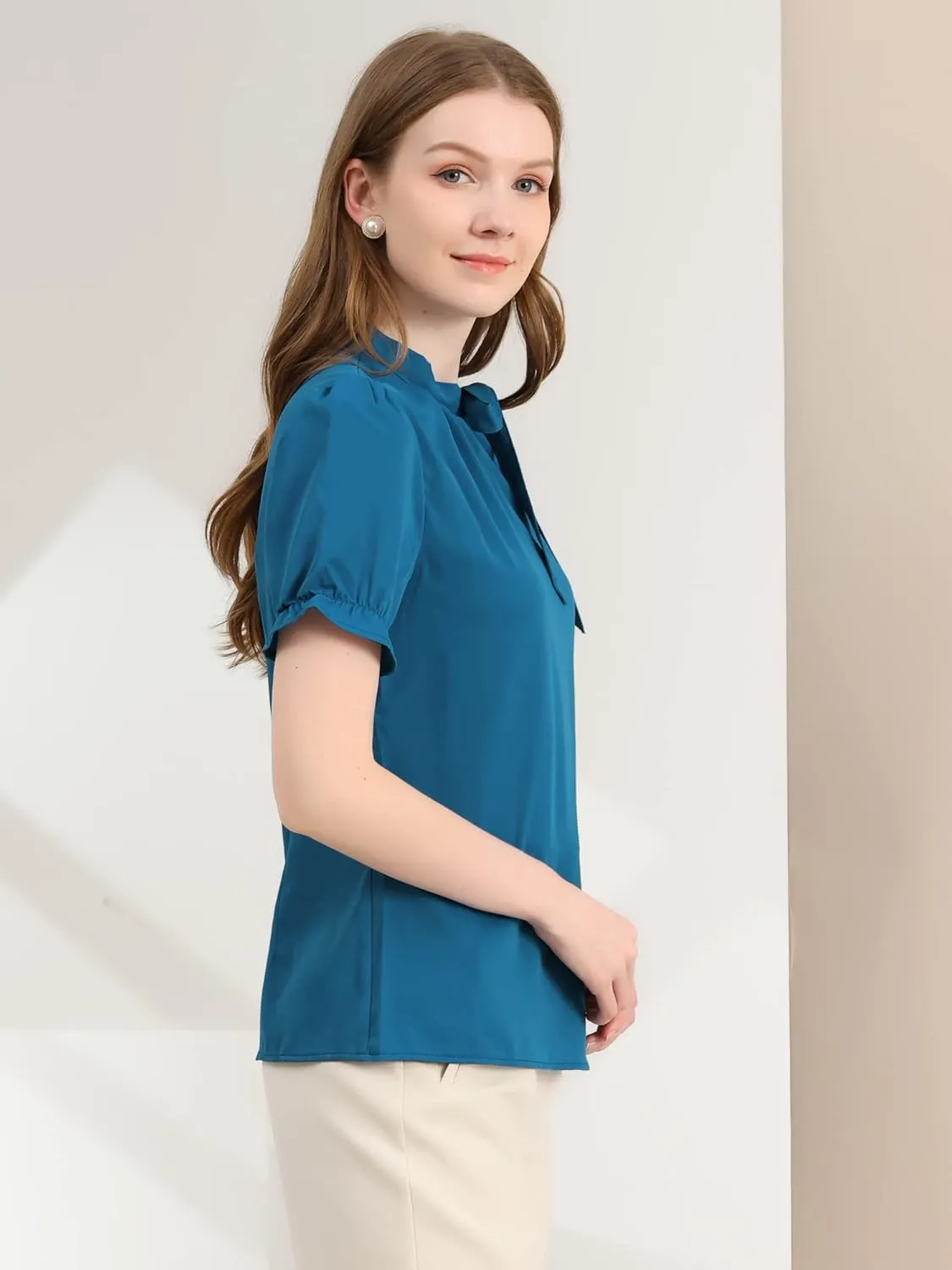 Allegra K Women's Bow Tie Neck Tops Elegant Office Short Sleeve Blouse