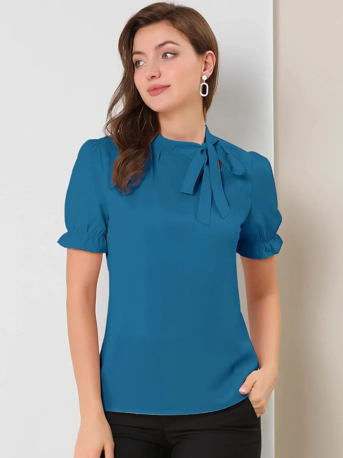 Allegra K Women's Bow Tie Neck Tops Elegant Office Short Sleeve Blouse