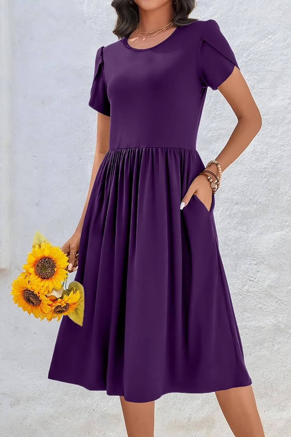 AOMONI Short Sleeve Casual Summer Dress A Line Round Neck Midi Dresses for Women Wedding Guest Dress with Pockets