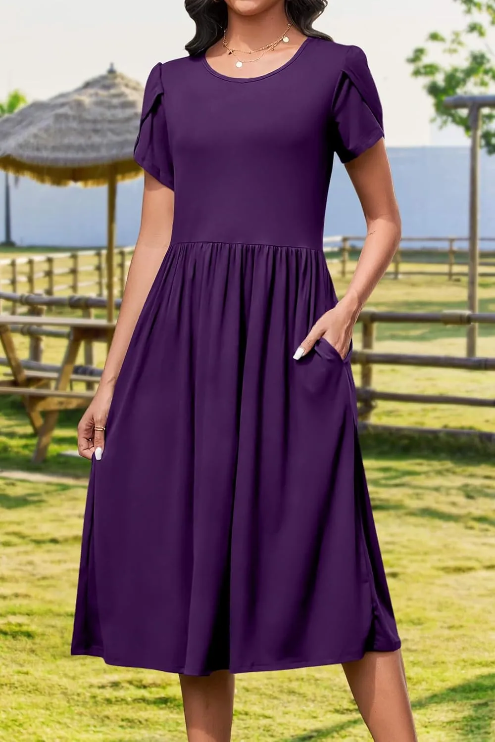 AOMONI Short Sleeve Casual Summer Dress A Line Round Neck Midi Dresses for Women Wedding Guest Dress with Pockets