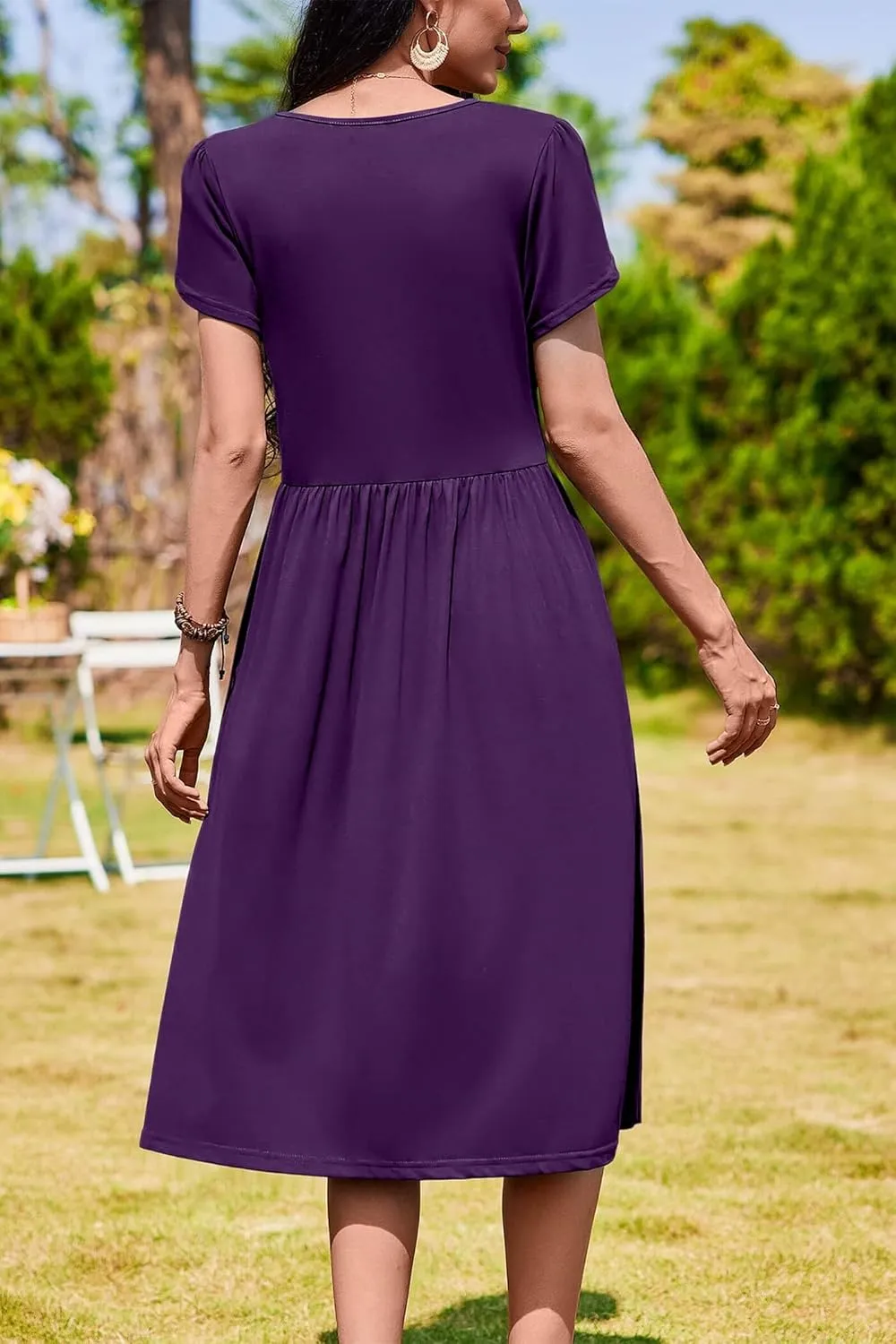 AOMONI Short Sleeve Casual Summer Dress A Line Round Neck Midi Dresses for Women Wedding Guest Dress with Pockets