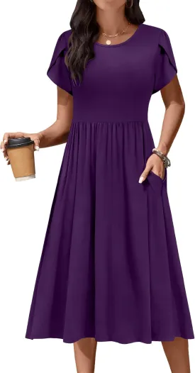 AOMONI Short Sleeve Casual Summer Dress A Line Round Neck Midi Dresses for Women Wedding Guest Dress with Pockets