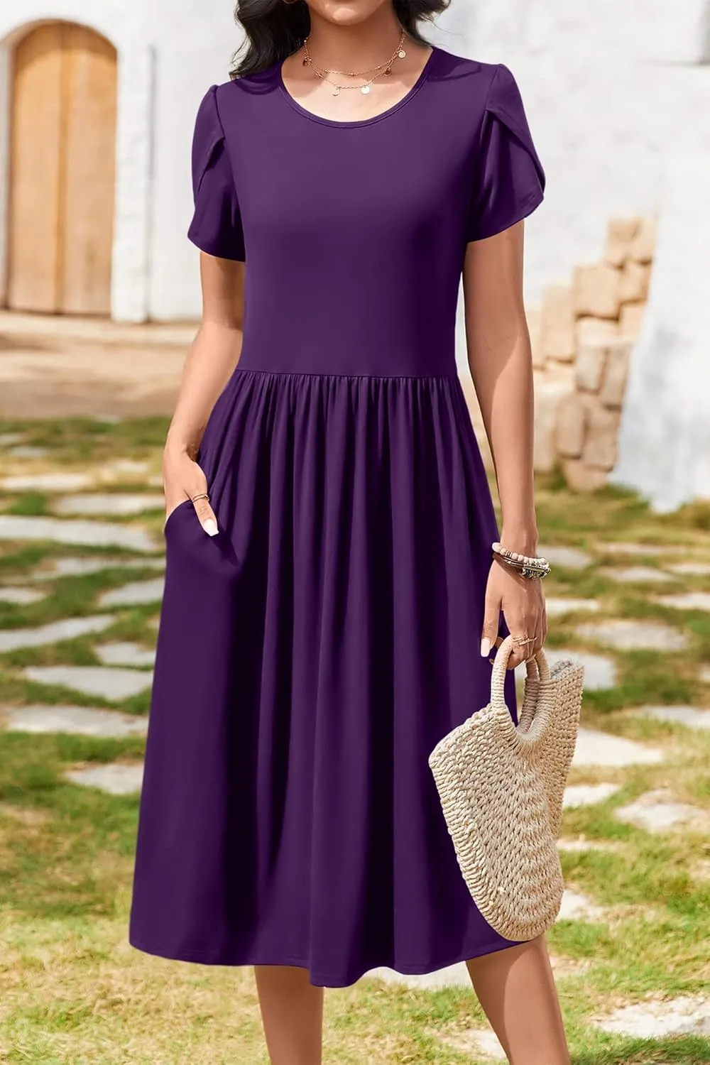AOMONI Short Sleeve Casual Summer Dress A Line Round Neck Midi Dresses for Women Wedding Guest Dress with Pockets