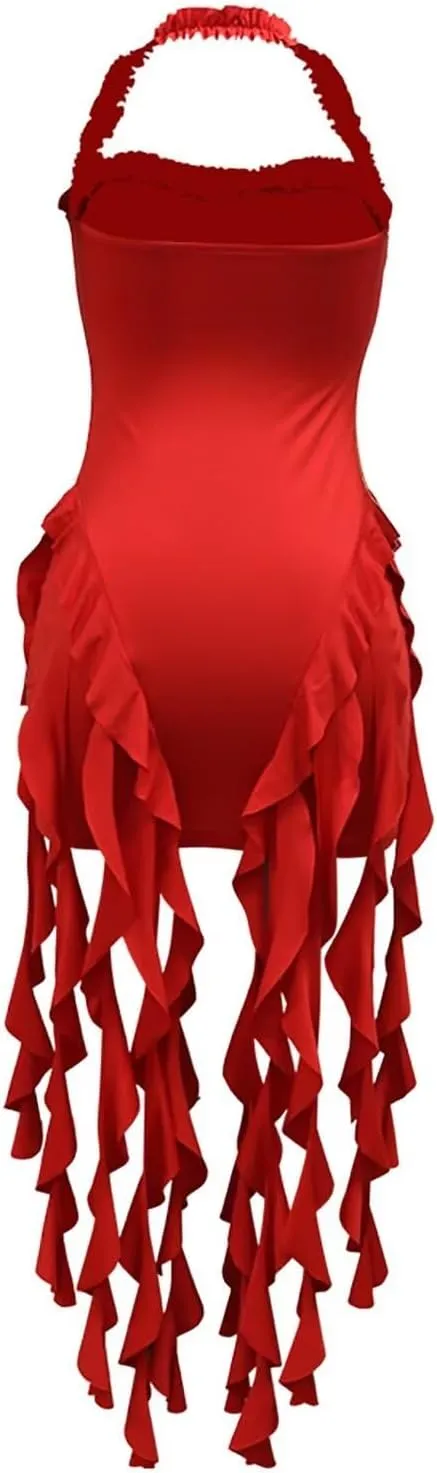 Aro Lora Womens Sexy Halter Neck Sleeveless Ruffle Tassel Party Club Bodycon Mini Dress