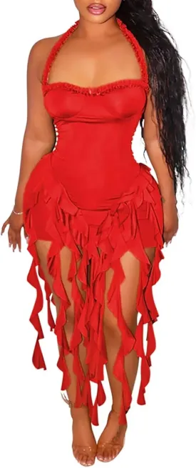 Aro Lora Womens Sexy Halter Neck Sleeveless Ruffle Tassel Party Club Bodycon Mini Dress