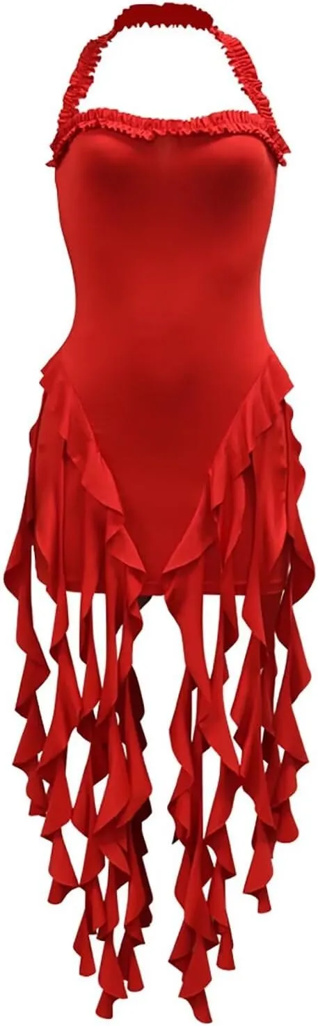 Aro Lora Womens Sexy Halter Neck Sleeveless Ruffle Tassel Party Club Bodycon Mini Dress