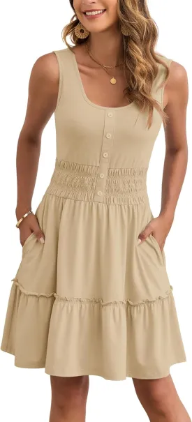 AUSELILY Women Summer Dress Sleeveless Tank Button Down Dresses Tiered Smocked Elastic Waist with Pockets
