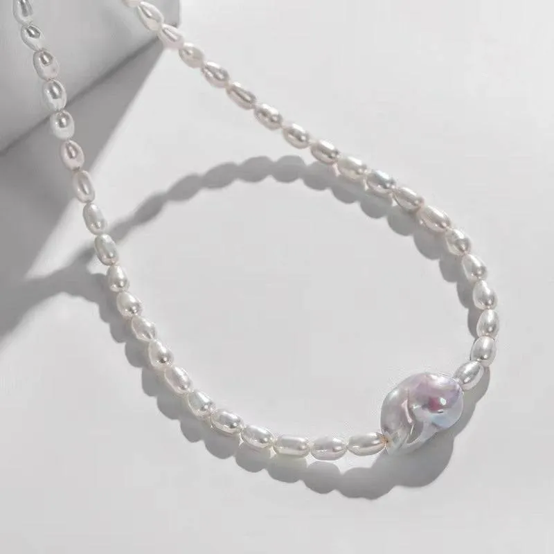 Baroque and Rice Pearl Necklace and Bracelet Set with Adjustable Chains