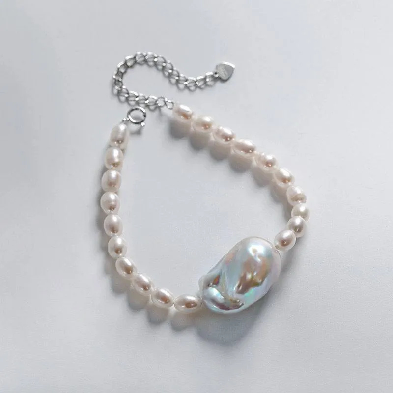 Baroque and Rice Pearl Necklace and Bracelet Set with Adjustable Chains