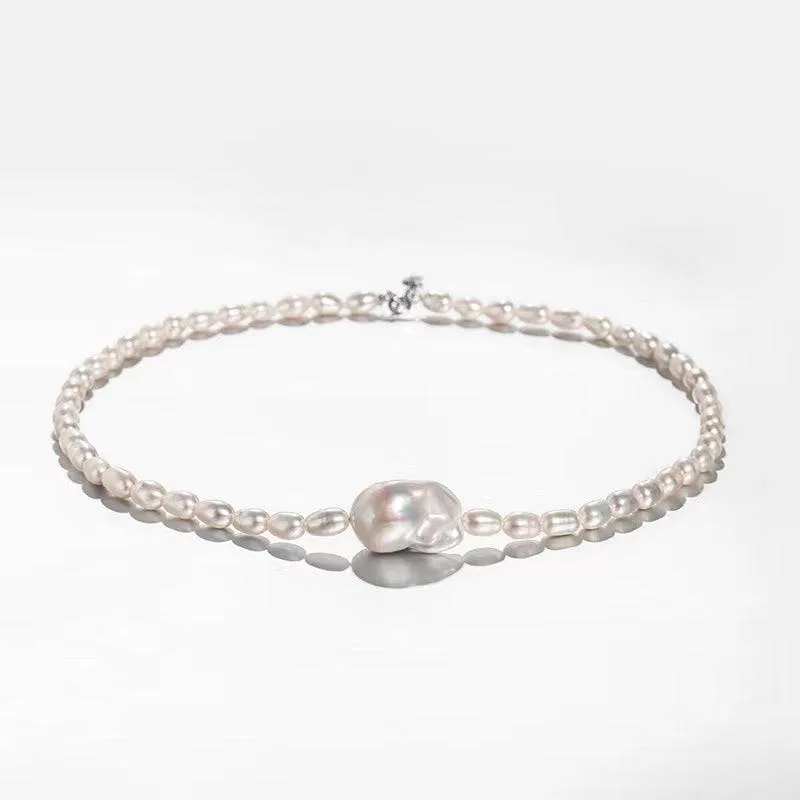 Baroque and Rice Pearl Necklace and Bracelet Set with Adjustable Chains