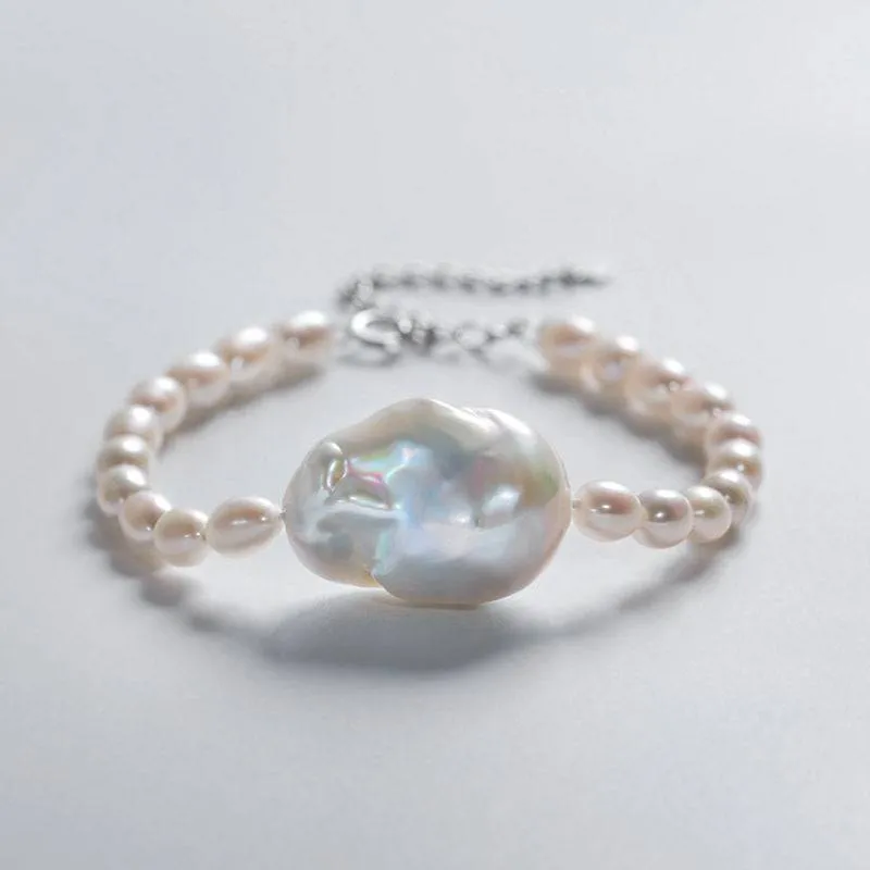 Baroque and Rice Pearl Necklace and Bracelet Set with Adjustable Chains