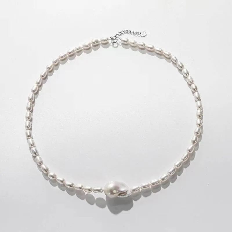 Baroque and Rice Pearl Necklace and Bracelet Set with Adjustable Chains