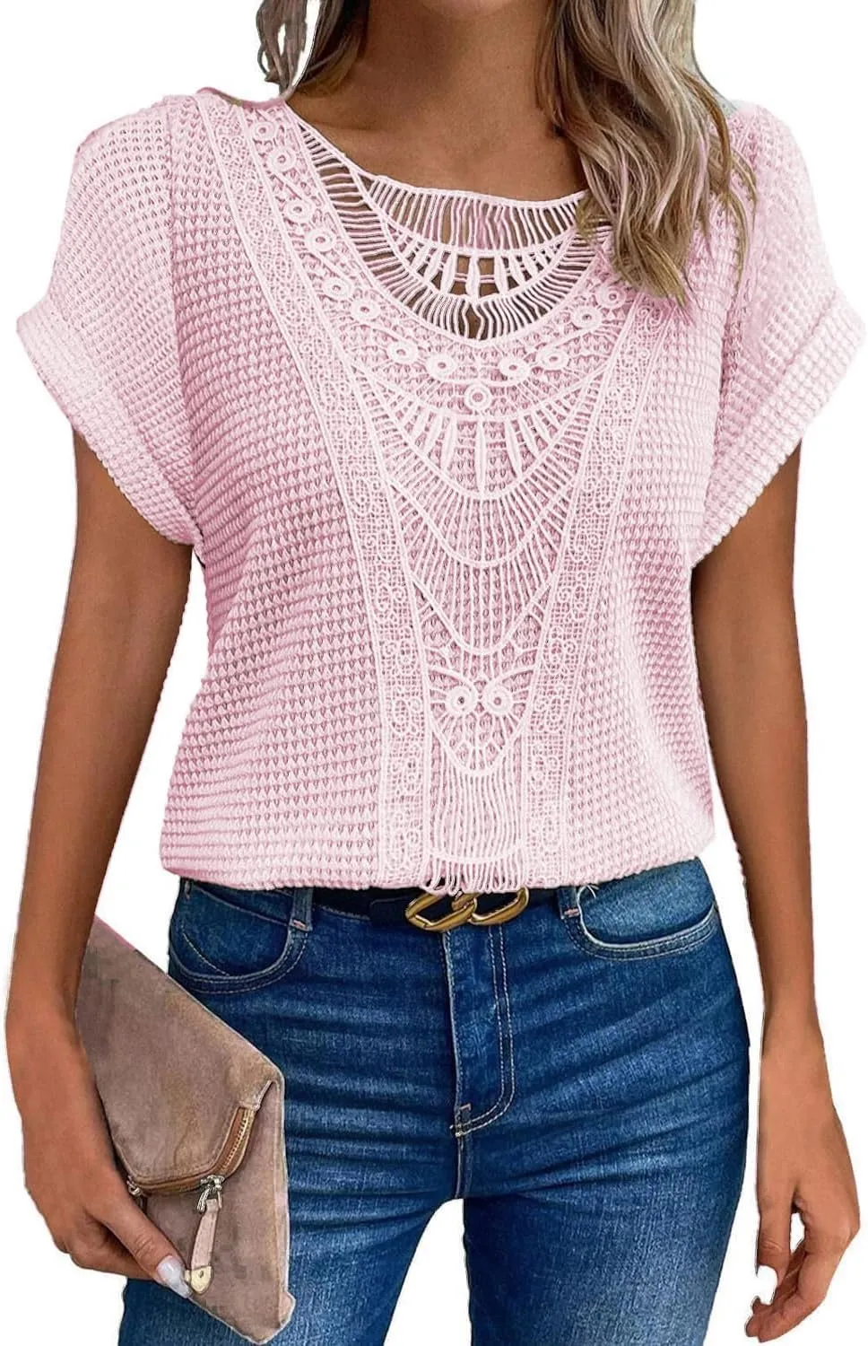 Chvity Elegant Lace Trim Knit Tunic Tops - Summer Blouse for Women, Stretchy Casual Shirt with Crew Neck & Short Sleeve