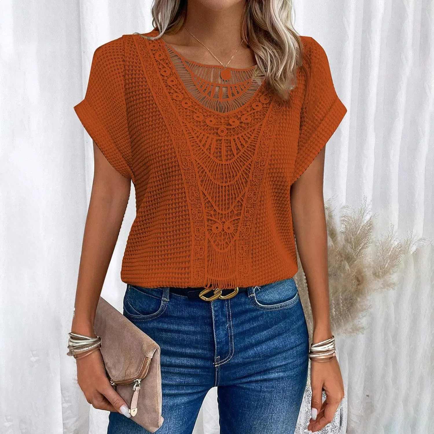 Chvity Elegant Lace Trim Knit Tunic Tops - Summer Blouse for Women, Stretchy Casual Shirt with Crew Neck & Short Sleeve