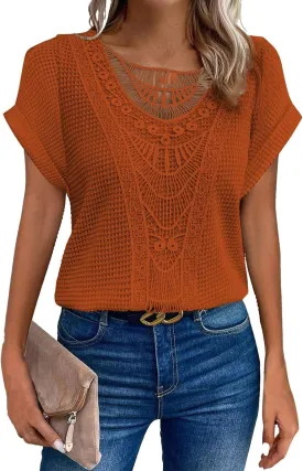 Chvity Elegant Lace Trim Knit Tunic Tops - Summer Blouse for Women, Stretchy Casual Shirt with Crew Neck & Short Sleeve