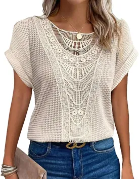 Chvity Elegant Lace Trim Knit Tunic Tops - Summer Blouse for Women, Stretchy Casual Shirt with Crew Neck & Short Sleeve