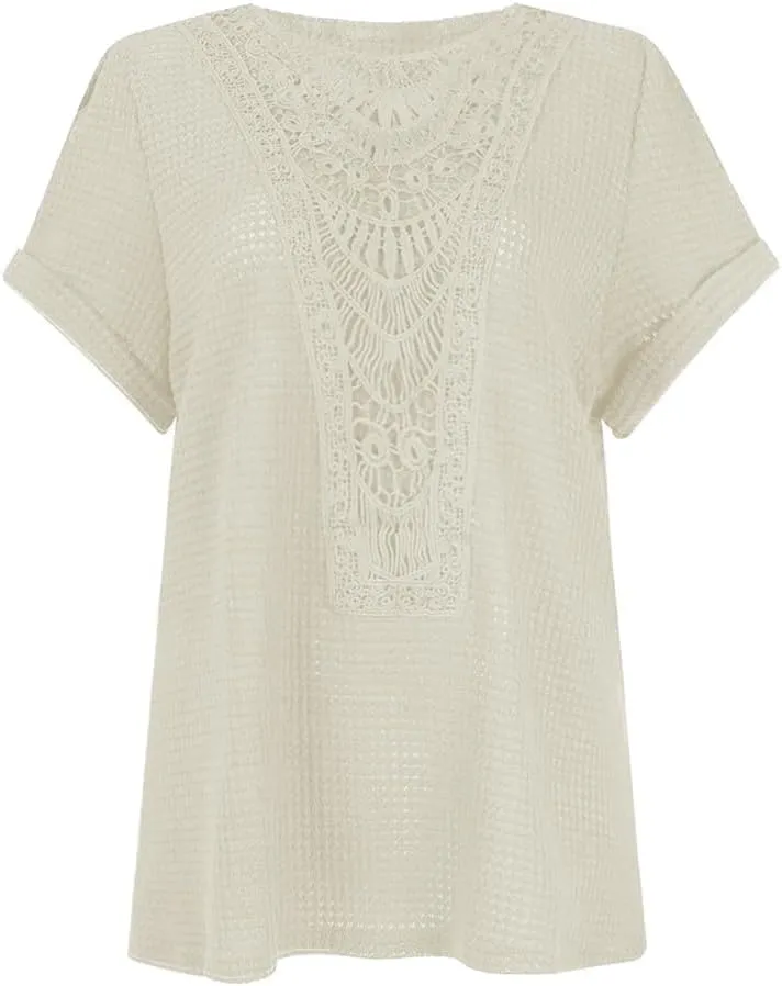 Chvity Elegant Lace Trim Knit Tunic Tops - Summer Blouse for Women, Stretchy Casual Shirt with Crew Neck & Short Sleeve