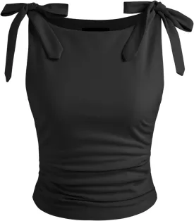 CIDER Crop Tank Tops for Women Bowknot Ruched Solid Scoop Neck Sleeveless Fitted Tops