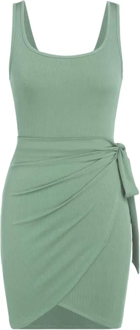 CIDER Women's Sleeveless Summer Dress Casual Wrap Bodycon Ruched Dress Tie Waist Beach Mini Dresses