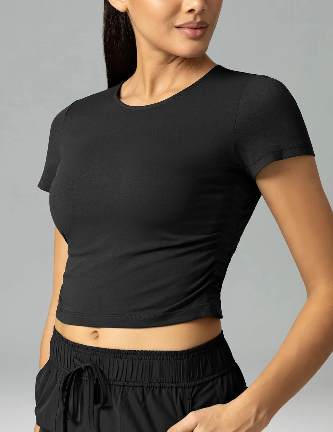 Colorfulkoala Women Short Sleeve Cropped T-Shirts Slim Fitted Basic Tees Crew Neck Ruched Casual Workout Top