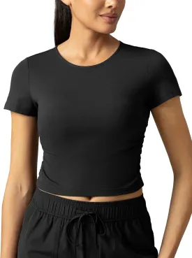 Colorfulkoala Women Short Sleeve Cropped T-Shirts Slim Fitted Basic Tees Crew Neck Ruched Casual Workout Top