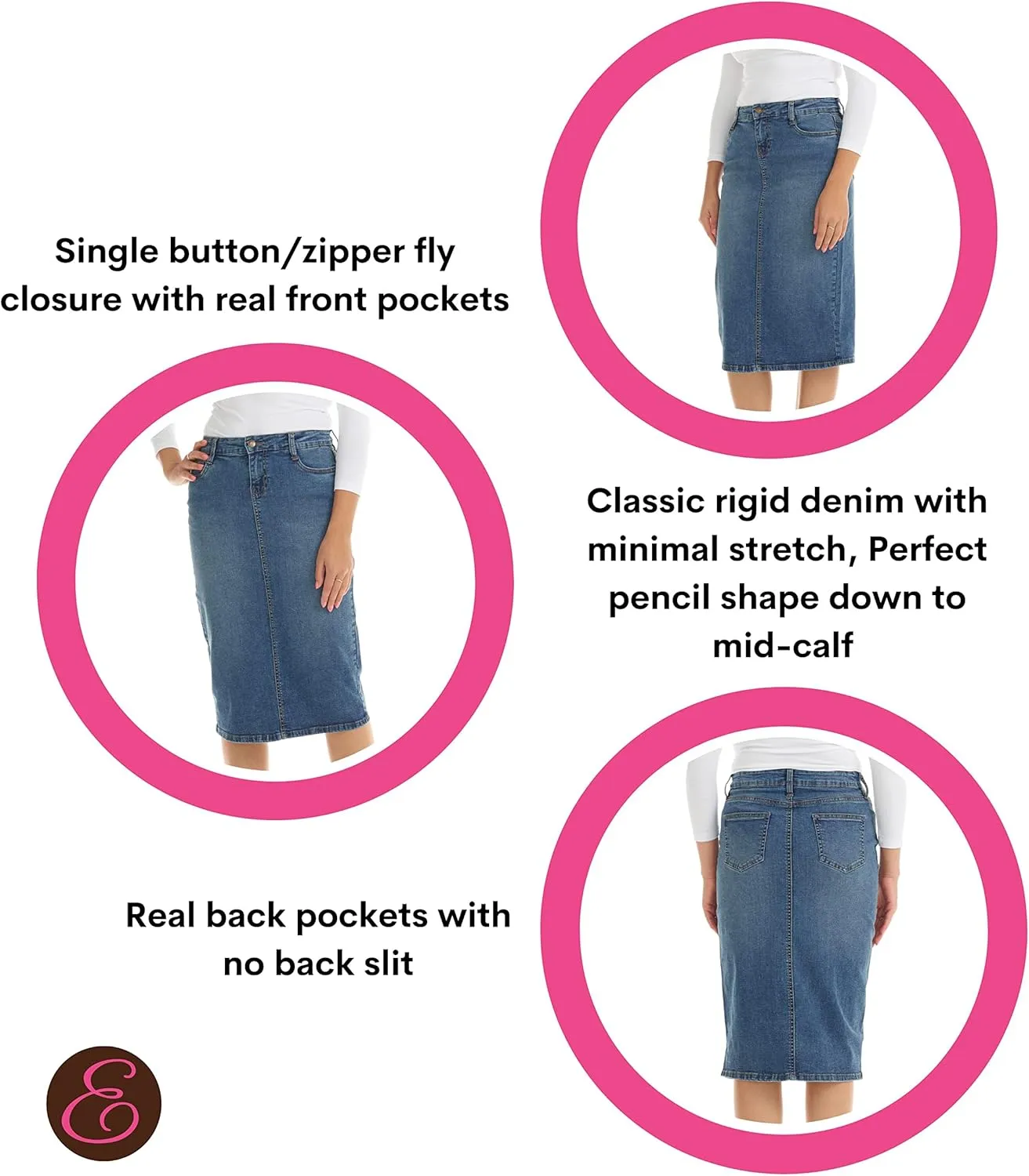 ESTEEZ Midi Length Pencil Stretch Denim Jean Skirt with Pockets for Women - Milan