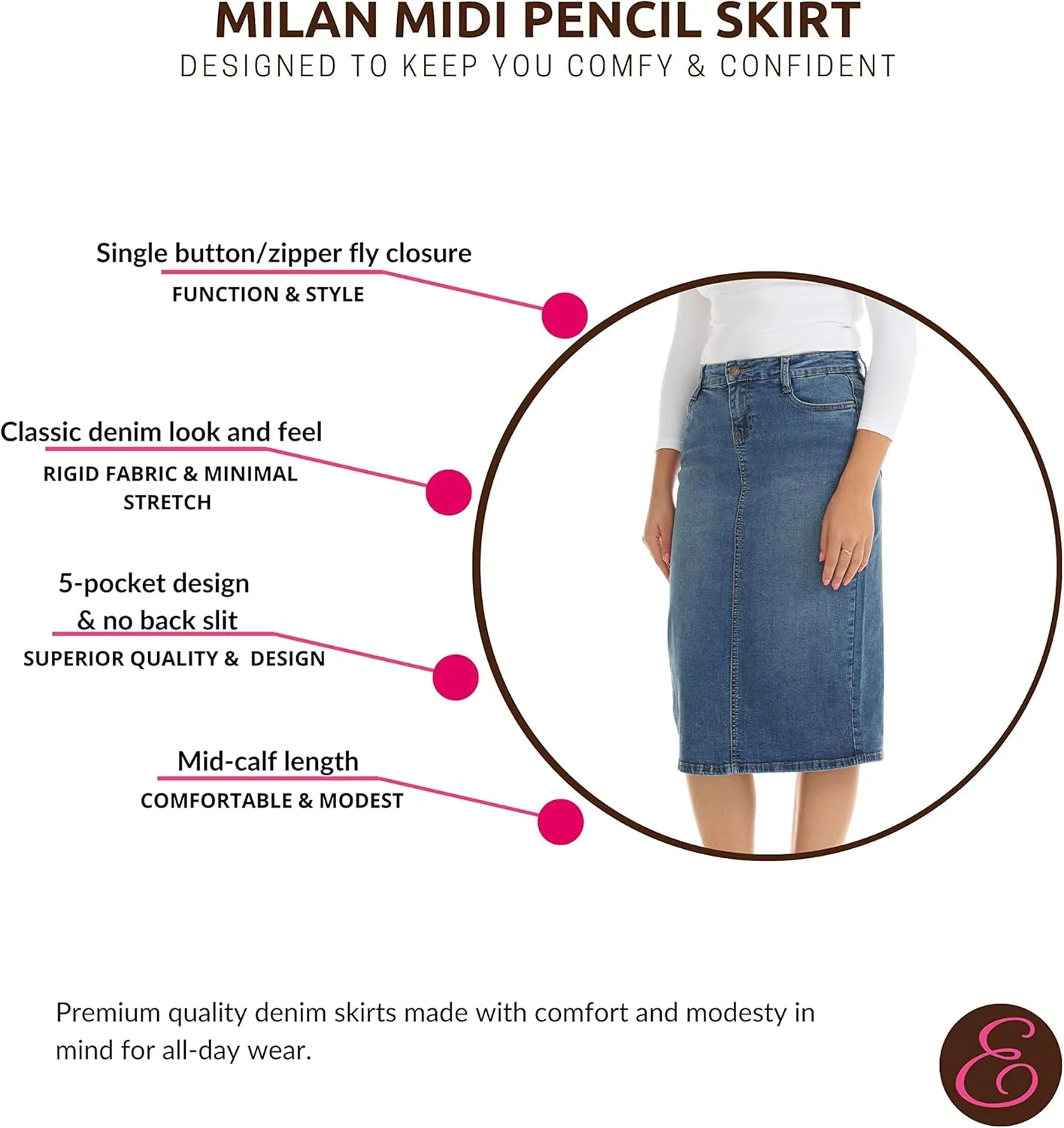 ESTEEZ Midi Length Pencil Stretch Denim Jean Skirt with Pockets for Women - Milan