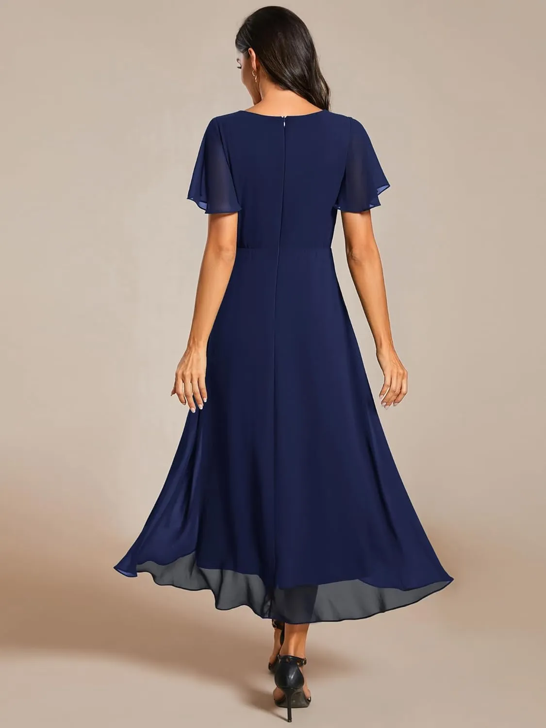 Ever-Pretty Women's A Line V Neck Ruffle Sleeves Pleated High Low Formal Dresses 02084