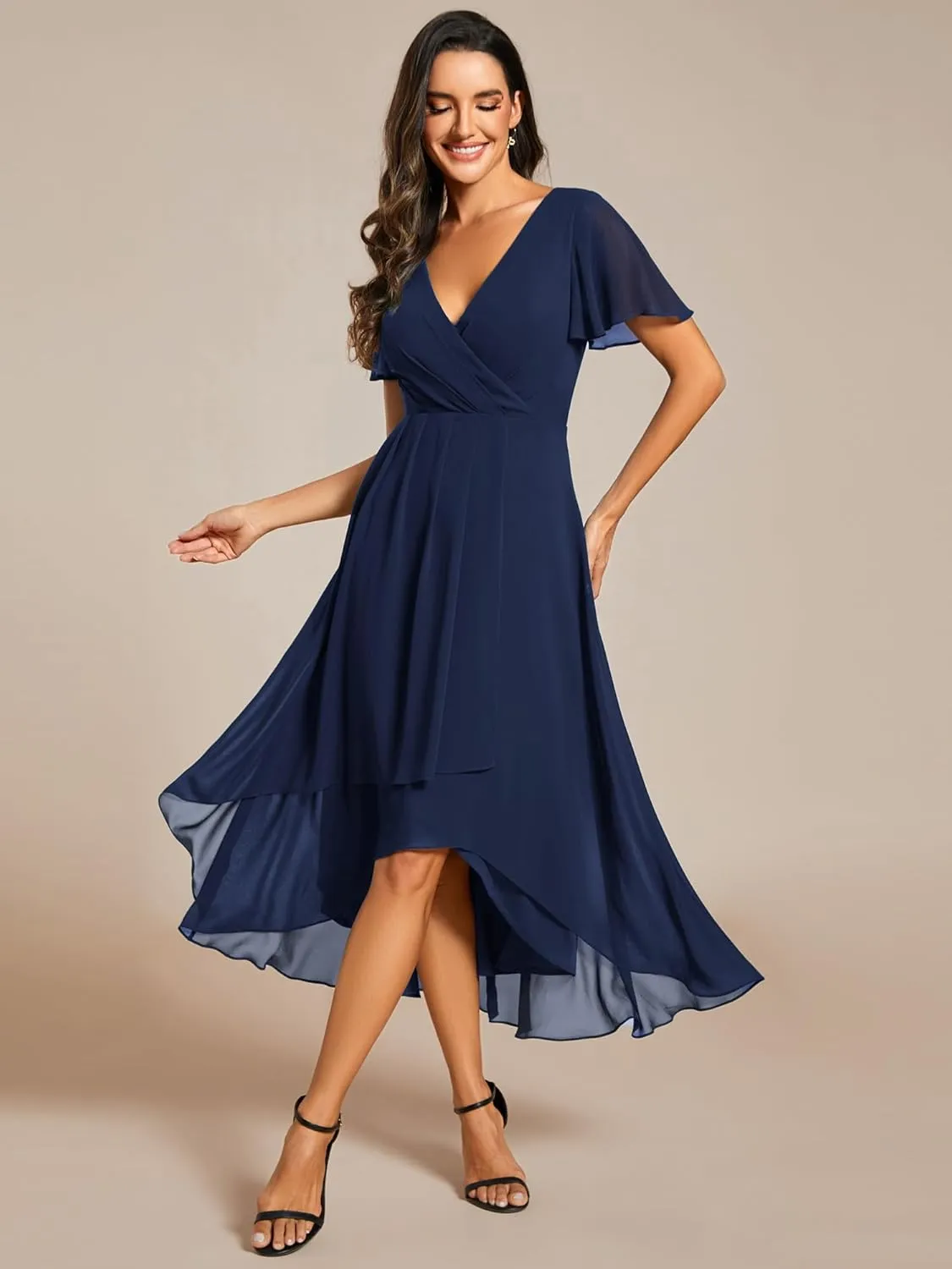 Ever-Pretty Women's A Line V Neck Ruffle Sleeves Pleated High Low Formal Dresses 02084