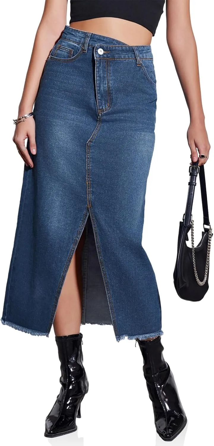Fisoew Women's High Waisted Denim Maxi Skirts Frayed Hem Split Front Jean Skirts with Pockets