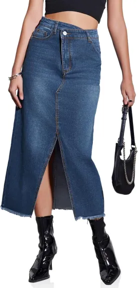 Fisoew Women's High Waisted Denim Maxi Skirts Frayed Hem Split Front Jean Skirts with Pockets