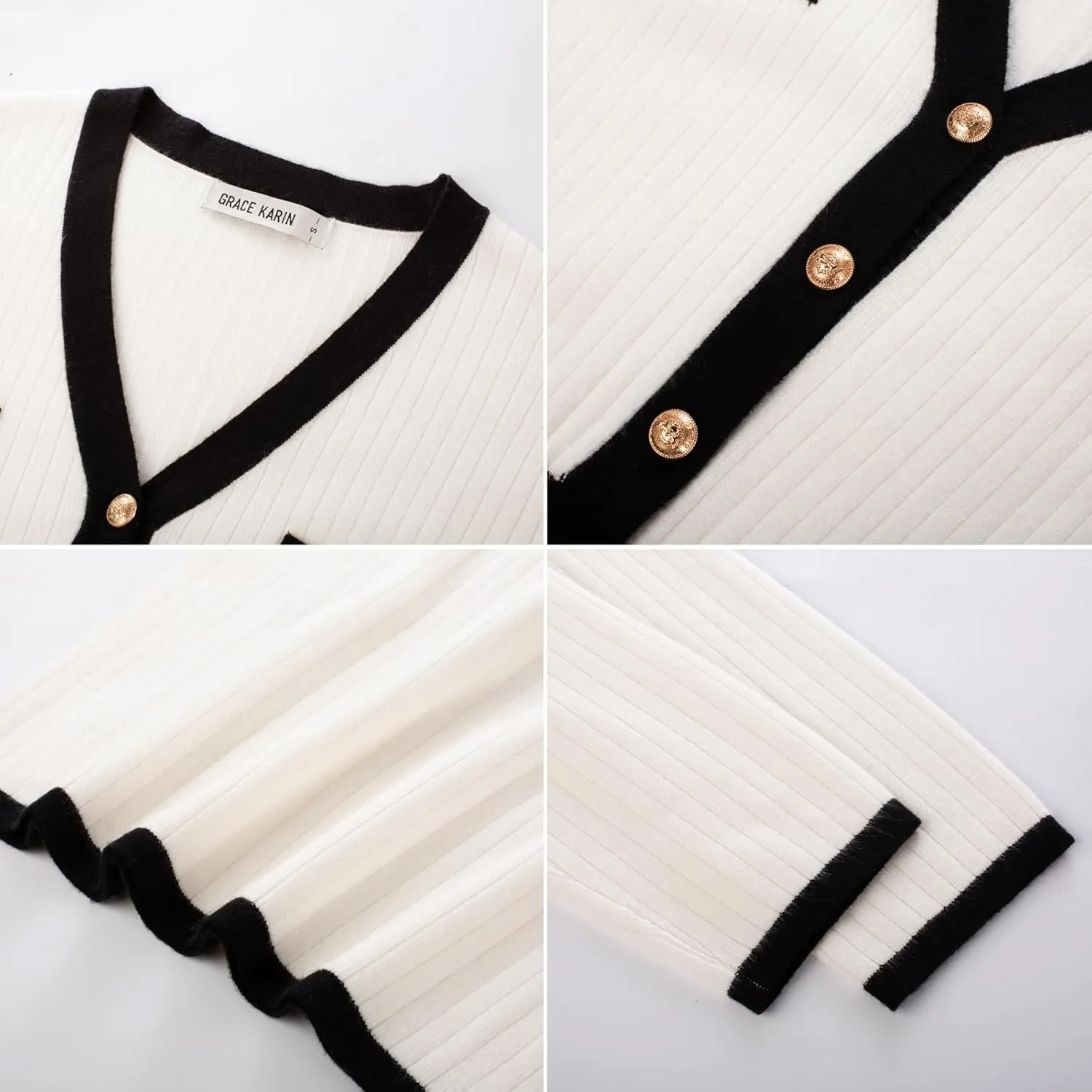 GRACE KARIN Women's Ribbed Knit Bodycon Sweater Dress Button Long Sleeve V Neck Elegant Midi Pullover Dresses