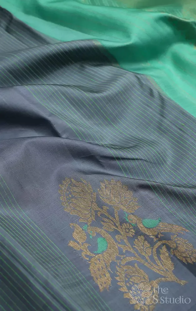 Grey kanchi silk saree with zari woven bird motifs