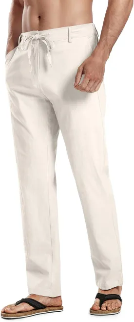 HOTake Men's Linen Dress Pants Casual Flat Front Linen Trousers Summer Beach Pants