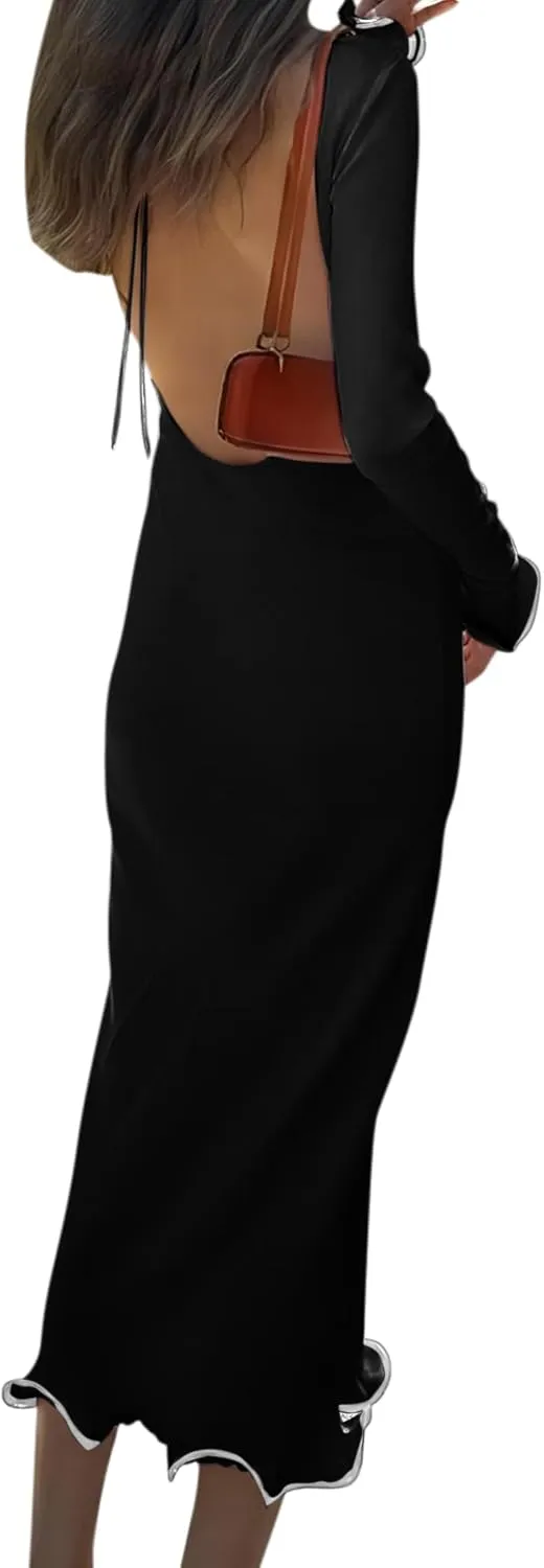 ISZPLUSH Women's Sexy Bodycon Ruffle Hem Knit Dress Crew Neck Backless Long Sleeve Slim Club Party Long Dress