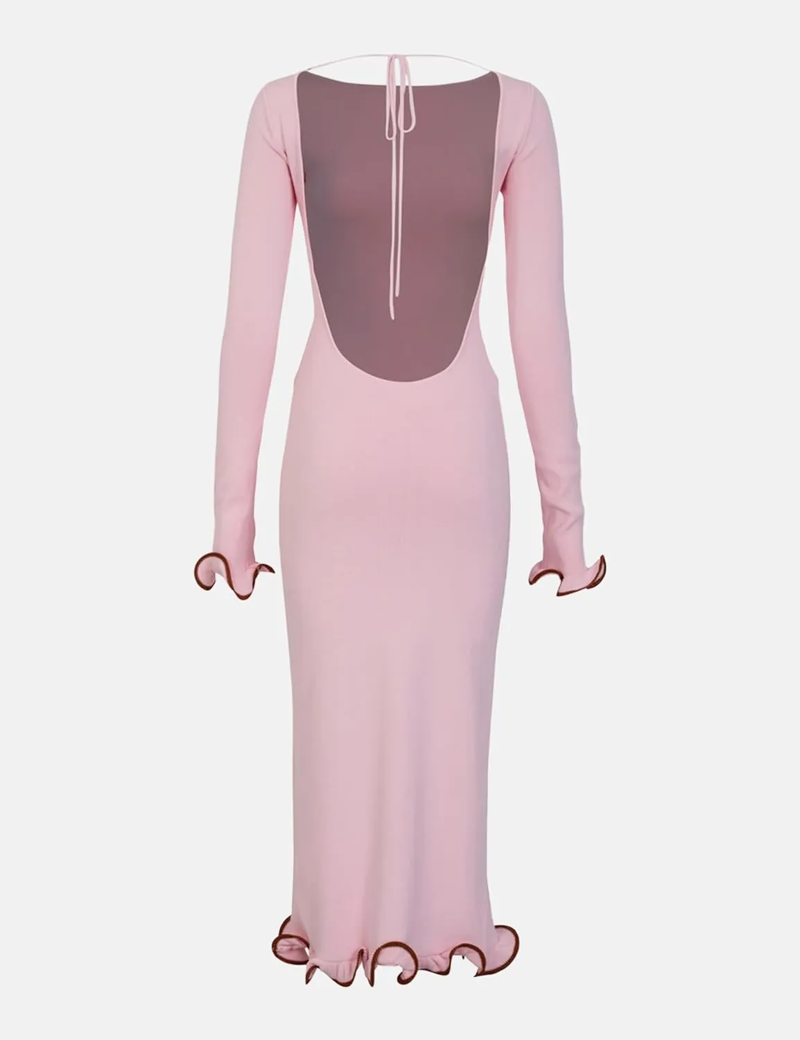 ISZPLUSH Women's Sexy Bodycon Ruffle Hem Knit Dress Crew Neck Backless Long Sleeve Slim Club Party Long Dress