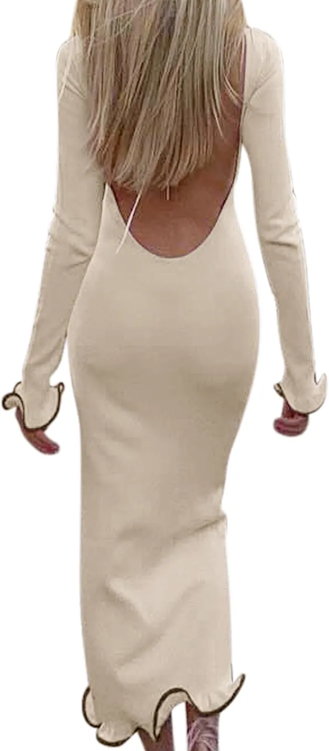 ISZPLUSH Women's Sexy Bodycon Ruffle Hem Knit Dress Crew Neck Backless Long Sleeve Slim Club Party Long Dress