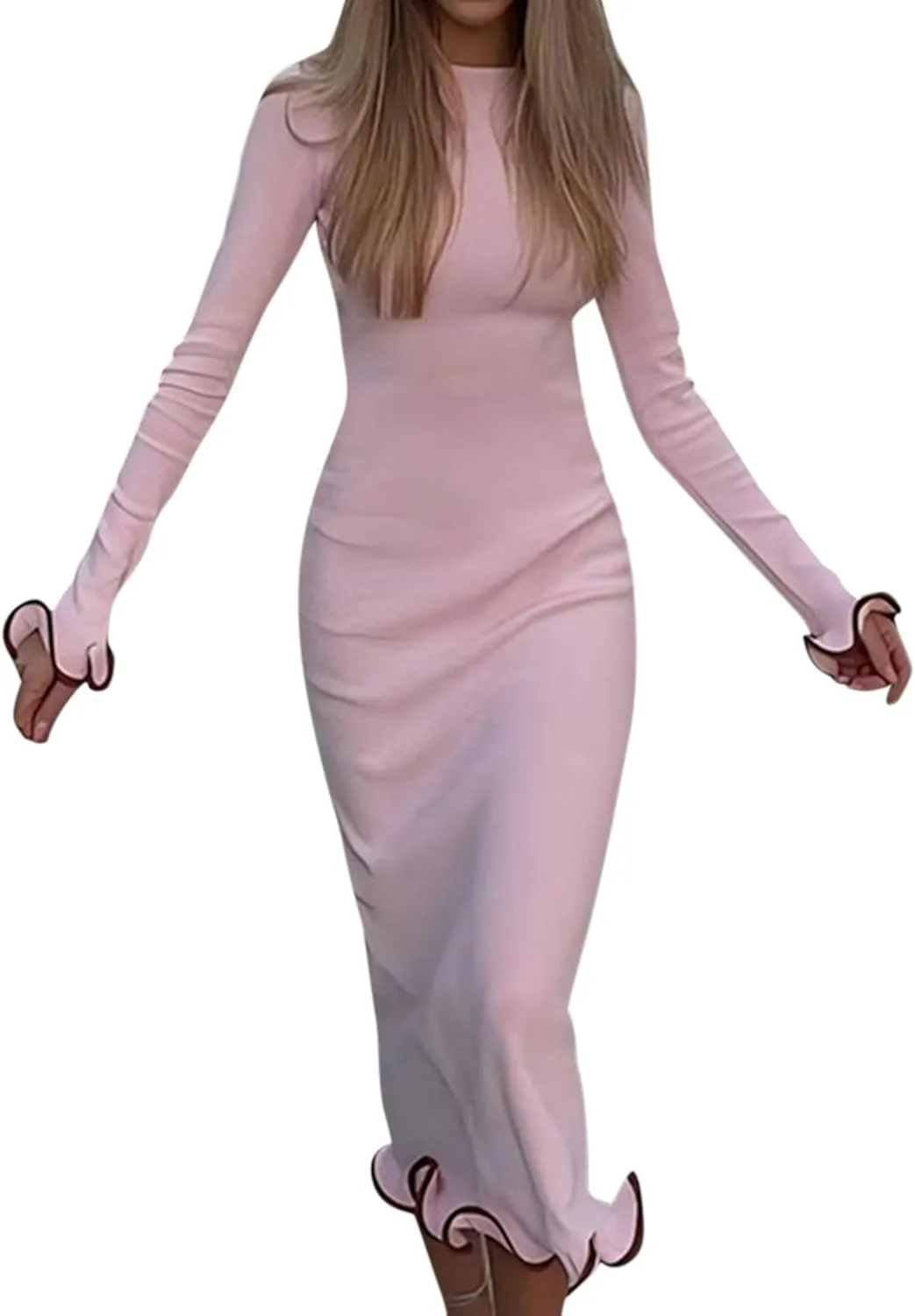 ISZPLUSH Women's Sexy Bodycon Ruffle Hem Knit Dress Crew Neck Backless Long Sleeve Slim Club Party Long Dress