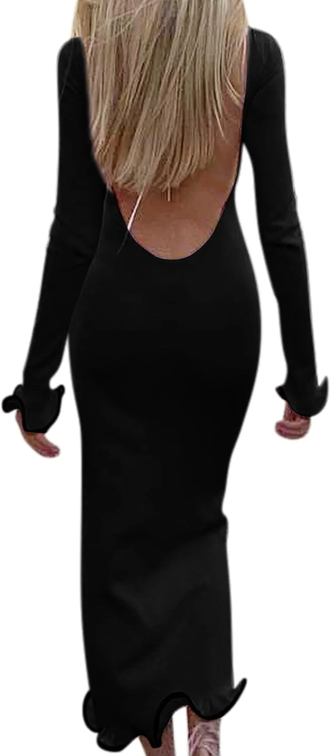 ISZPLUSH Women's Sexy Bodycon Ruffle Hem Knit Dress Crew Neck Backless Long Sleeve Slim Club Party Long Dress