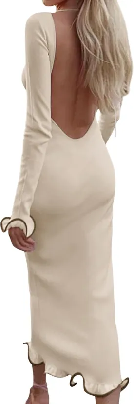 ISZPLUSH Women's Sexy Bodycon Ruffle Hem Knit Dress Crew Neck Backless Long Sleeve Slim Club Party Long Dress